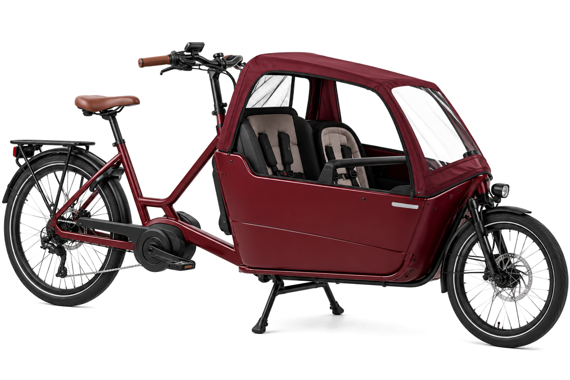 Vélo cargo bordeaux sans marque, avec capote de protection pour enfants